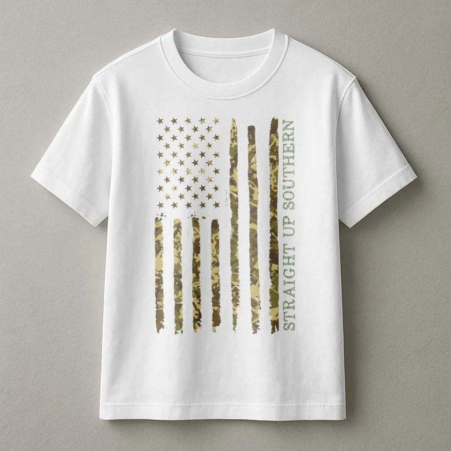 Straight Up Southern T-Shirt | Camo American Flag Graphic | Premium Cotton Unisex Tee | Patriotic Gift for Outdoorsmen and Country Music Fans