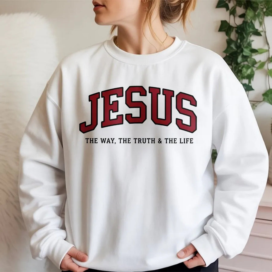 Jesus Sweatshirt | Collegiate Style 'The Way The Truth The Life' | Premium Cotton-Blend | Christian Faith Apparel Gift
