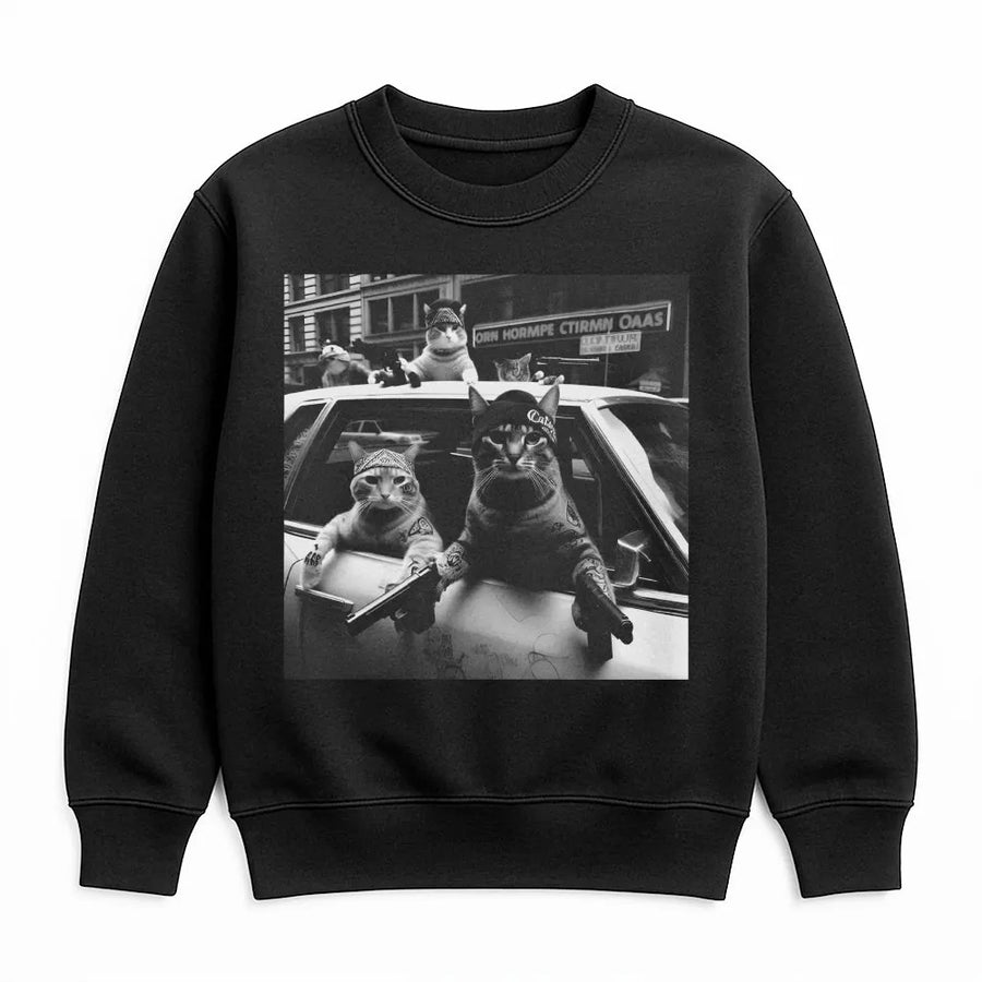 Gangster Cat Sweatshirt | Streetwear Style Kitties Graphic | Premium Cotton Blend Crewneck | Funny Pet Lover Gift For Men And Women