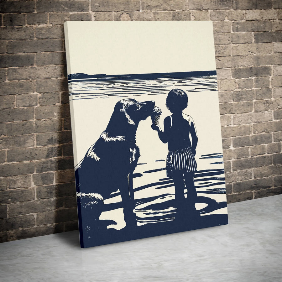 Boy and Dog Beach Wall Art | Block Print Style Seaside Scene | 1.25 Inch Premium Gallery Canvas | Nostalgic Summer Home Decor Gift