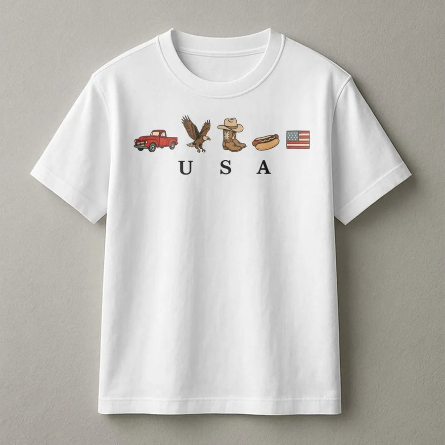 Patriotic USA Icons T-Shirt | Vintage Western Americana Graphic | Premium Cotton Blend | 4th of July Country Clothing Gift