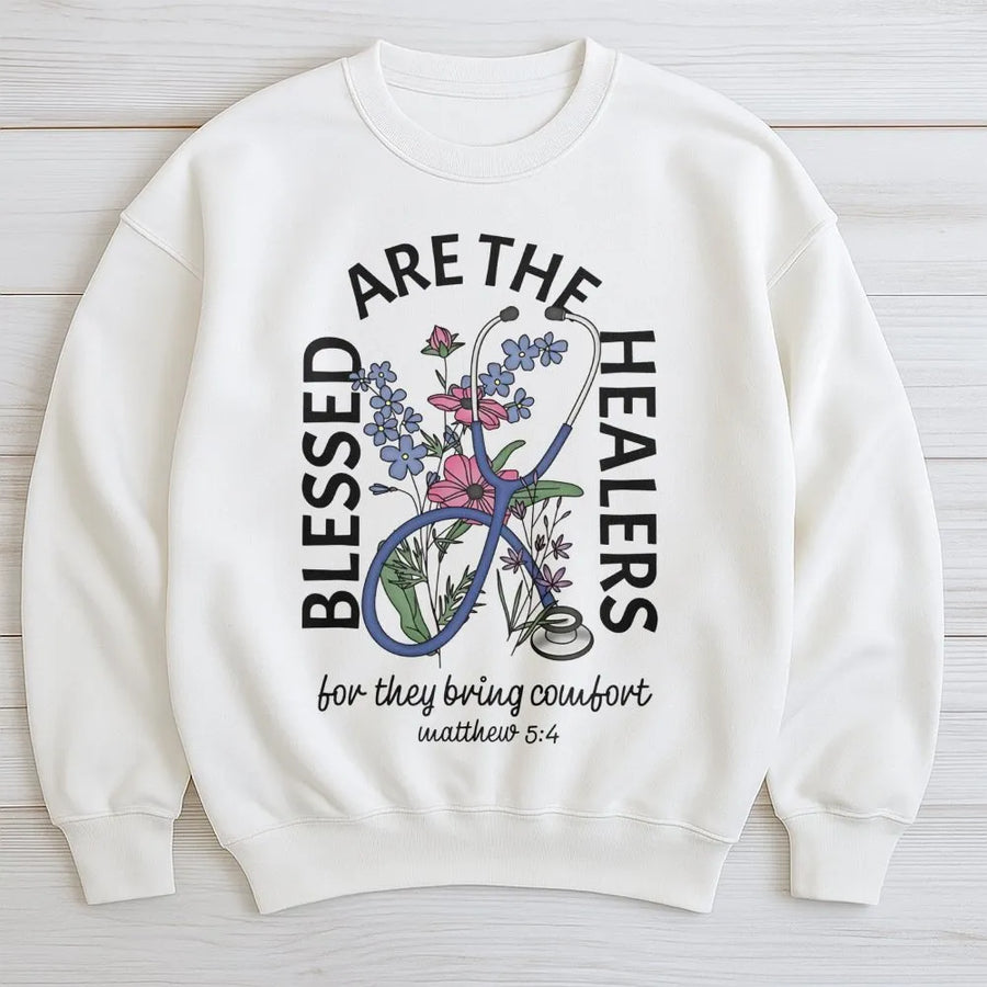 Blessed Are The Healers Sweatshirt | Floral Stethoscope Bible Verse Design | Premium Cotton Blend | Gift For Nurse & Graduation Apparel
