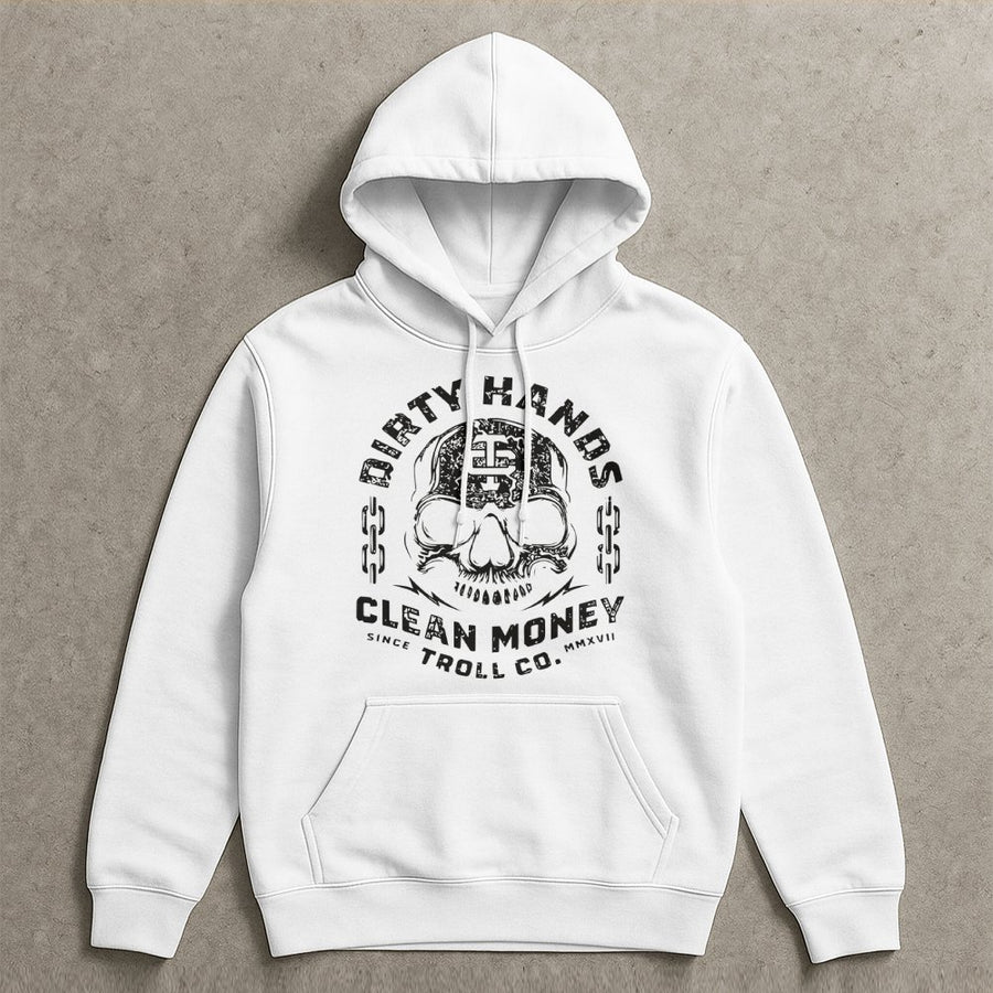 Dirty Hands Clean Money Hoodie | Distressed Skull Graphic Hustle Art | Premium Cotton Blend | Motivational Streetwear Gift For Workers