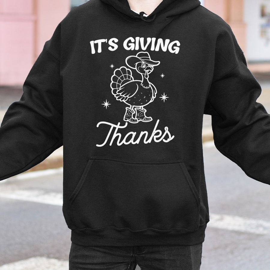 It's Giving Thanks Hoodie | Funny Cowboy Turkey Graphic | Premium Cotton Blend | Thanksgiving Gift for Women & Men