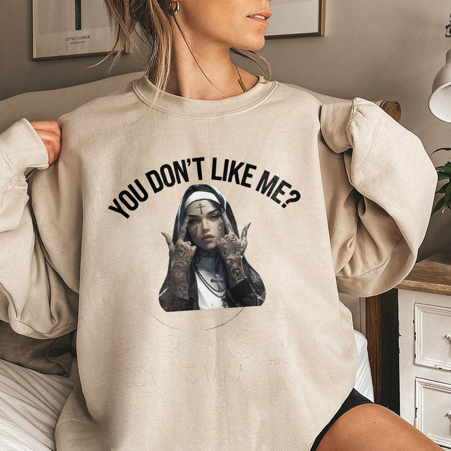Defiant Nun Graphic Sweatshirt | Sassy Tattooed Sister Design | Premium Cotton-Poly Blend | Edgy Streetwear Gift For Her Or Him