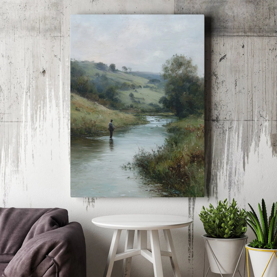 Fly Fishing Wall Art | Vintage Landscape River Painting | Gallery-Quality Premium Canvas | Gift for Fisherman or Nature Lover