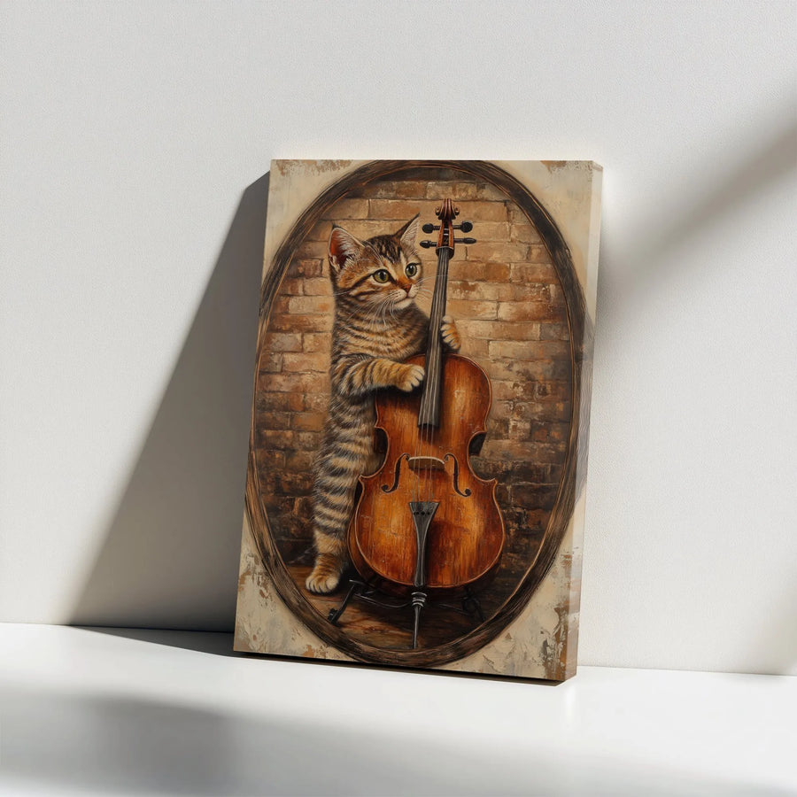 Cat Playing Cello Canvas Art | Vintage Style Musical Kitten Portrait | Premium Gallery Wrap Wall Decor | Unique Gift for Music and Cat Lovers