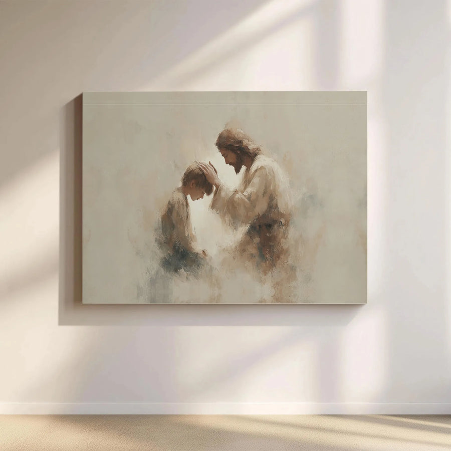 Jesus Blessing A Boy Wall Art | Religious Oil Painting Style Canvas | 1.25 Inch Gallery Wrap | Christian Home Decor Gift for Nursery or Bedroom