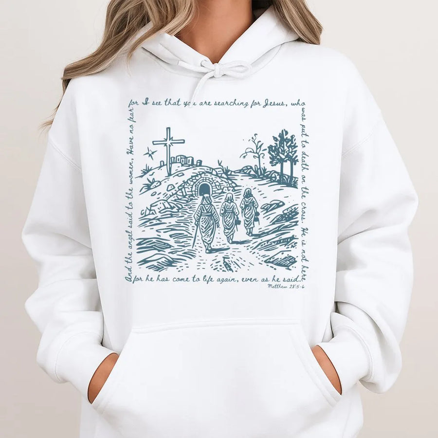 He Is Risen Hoodie | Women at the Tomb Easter Graphic | Premium Cotton Blend | Christian Faith Gift for Easter Sunday