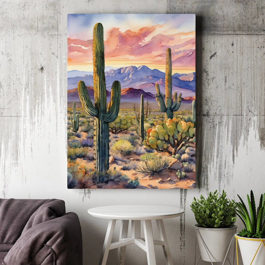 Sonoran Desert Cactus Vertical Canvas | Watercolor Arizona Landscape Art | Premium Gallery Wrapped Print | Southwestern Home Decor Gift