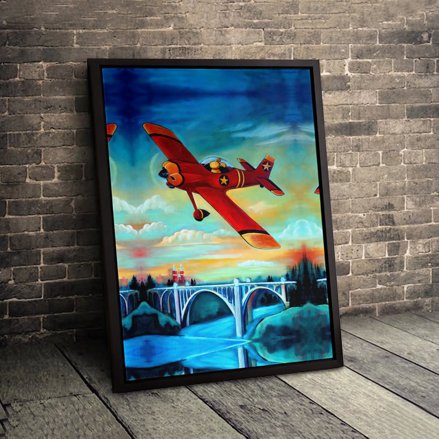 Red Airplane Wall Art | Whimsical Pilot Flying Over Bridge Canvas | Premium 1.25-Inch Gallery Wrap | Nursery Decor & Aviation Gift for Kids