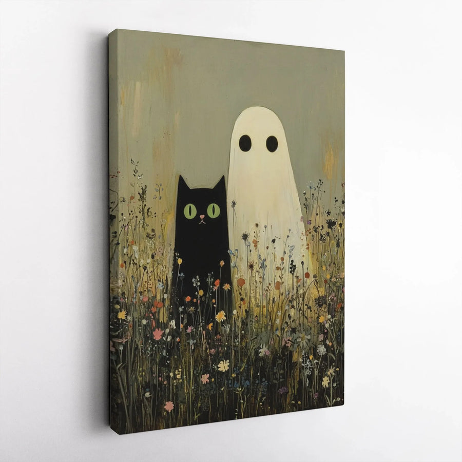 Black Cat and Ghost Canvas Art | Whimsical Spooky Wildflower Meadow | Premium Gallery Wrapped Print | Unique Fall Home Decor Gift