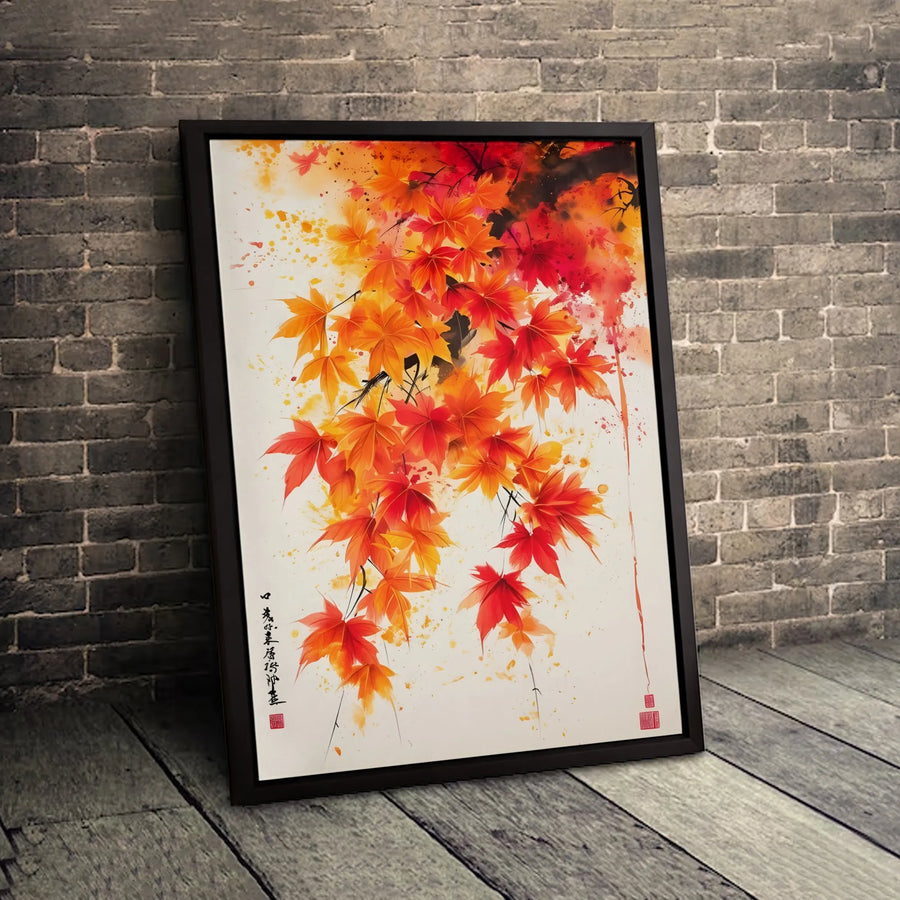 Japanese Maple Canvas Wall Art | Autumn Red Leaf Watercolor Painting | Gallery Wrapped Premium Print | Zen Botanical Home Decor Gift