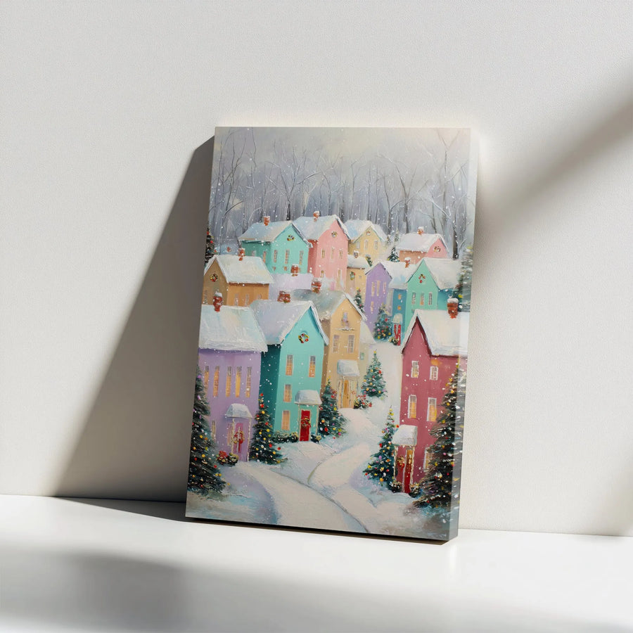 Christmas Village Canvas Print | Colorful Snowy Town Painting | Premium Thick Gallery Wrap | Holiday Home Decor Gift