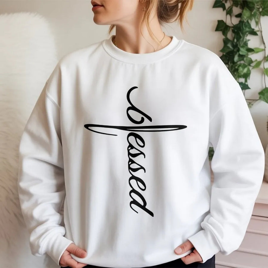 Blessed Cross Sweatshirt | Minimalist Christian Graphic Tee | Soft Cotton Blend Crewneck | Religious Faith Gift for Men and Women