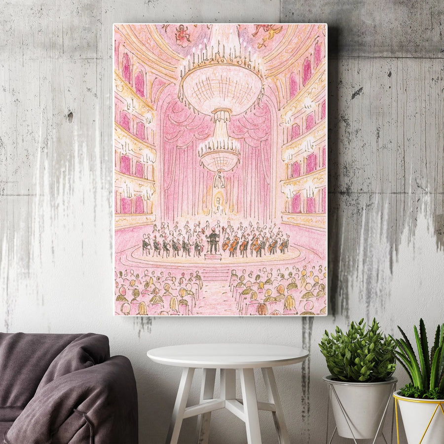 Orchestra Concert Canvas Art | Pink Opera House Sketch Illustration | Gallery-Quality 1.25" Profile | Music Lover Gift Wall Decor
