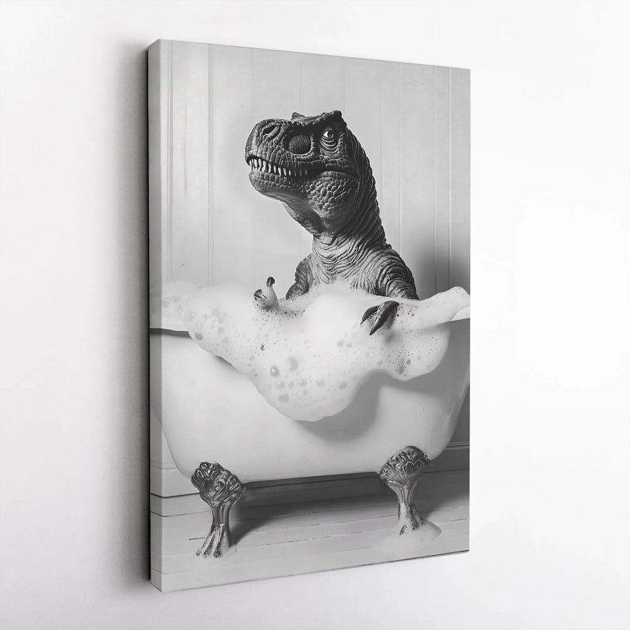T-Rex in Bathtub Canvas | Funny Black and White Dinosaur Art | Premium Gallery Wrap Wall Decor | Quirky Bathroom Gift for Adults