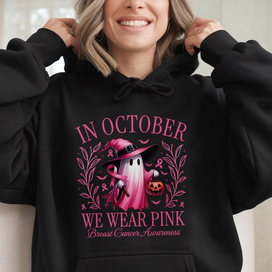 Breast Cancer Awareness Hoodie | In October We Wear Pink Ghost Design | Premium Cotton Blend | Gift For Cancer Fighters And Survivors