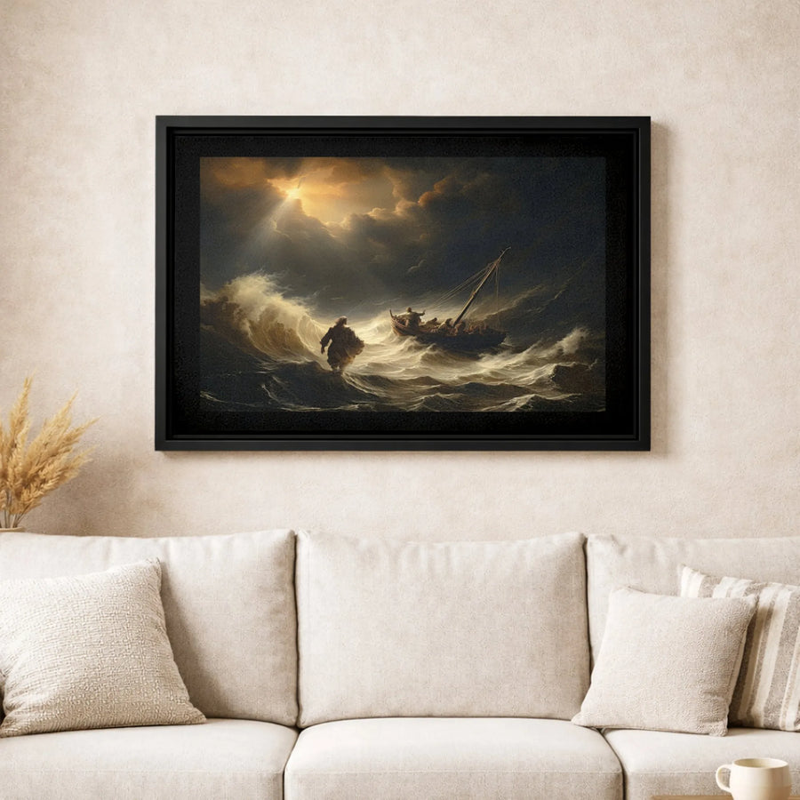 Jesus Walking On Water Canvas Print | Dramatic Stormy Sea Religious Art | Premium Gallery-Wrapped Wall Decor | Faithful Christian Home Gift