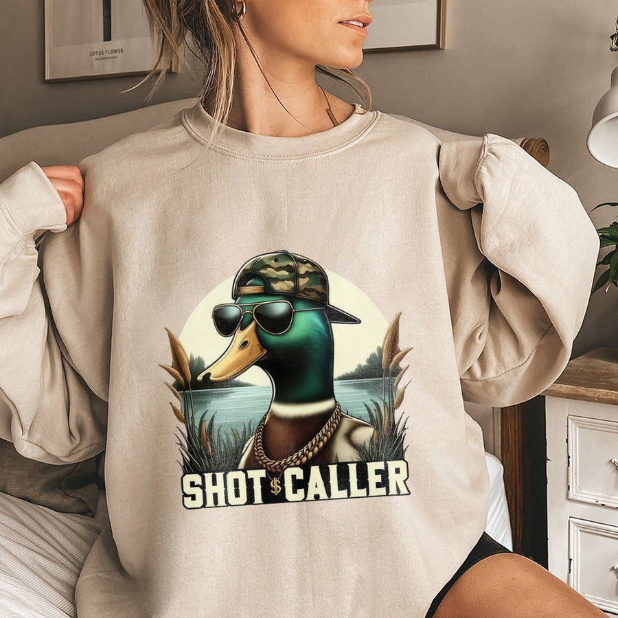 Shot Caller Duck Sweatshirt | Funny Mallard Hunting Graphic Tee | Premium Cotton Blend Unisex Pullover | Unique Gift for Hunters & Outdoorsmen