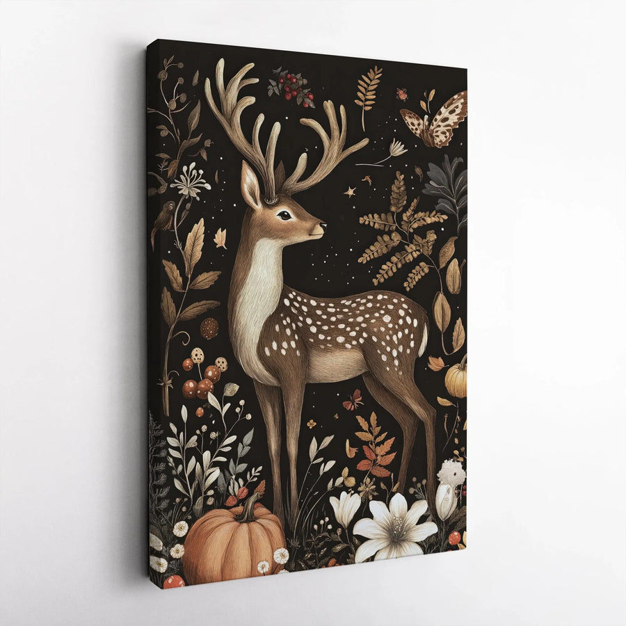 Woodland Deer Vertical Canvas | Vintage Autumn Botanical Print | Premium Gallery Wrapped Wall Art | Rustic Farmhouse Decor Gift