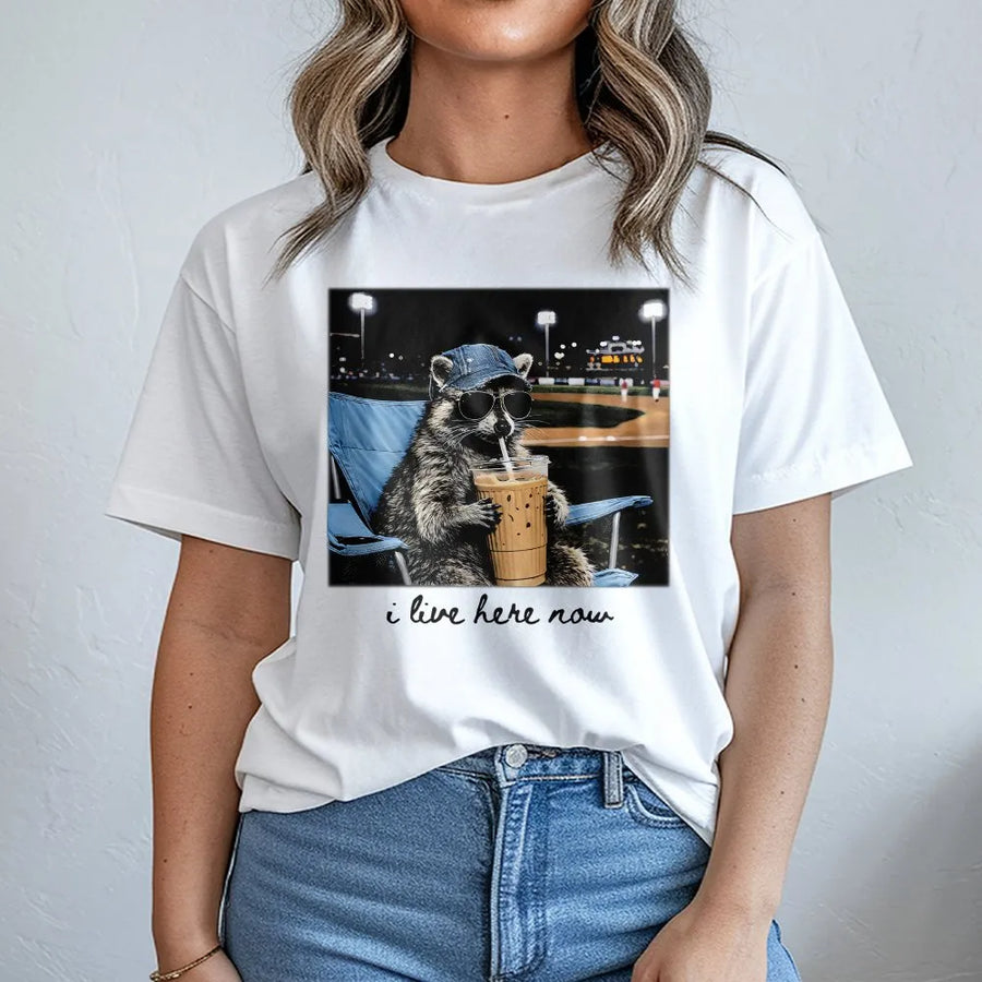 Funny Raccoon Baseball T-Shirt | 'I Live Here Now' Graphic Tee | Soft Cotton Unisex Tee | Gift for Baseball Mom or Softball Dad Tournament Fan