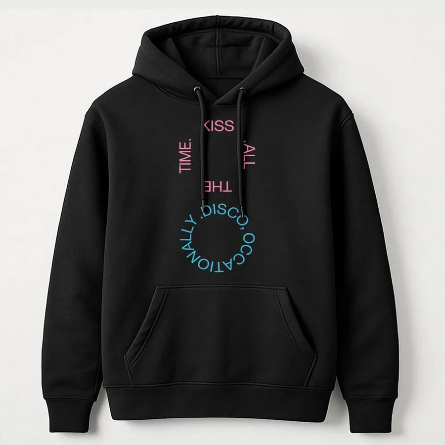 Disco Occasionally Hoodie | Kiss All The Time Graphic Print | Premium Cotton Blend | Trendy Unisex Streetwear Gift for Men & Women