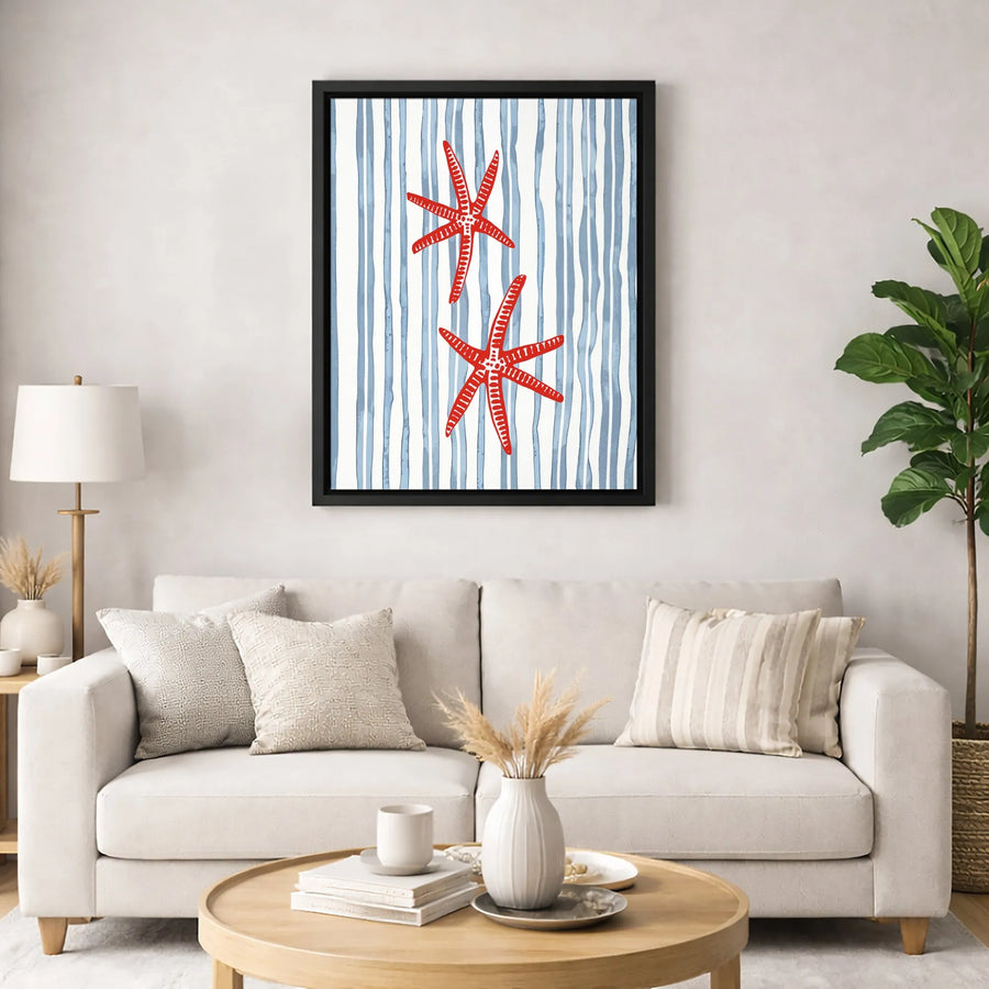 Red Starfish Canvas Wall Art | Coastal Striped Beach Decor | Gallery Wrapped Premium Print | Nautical Home Gift For Beach House