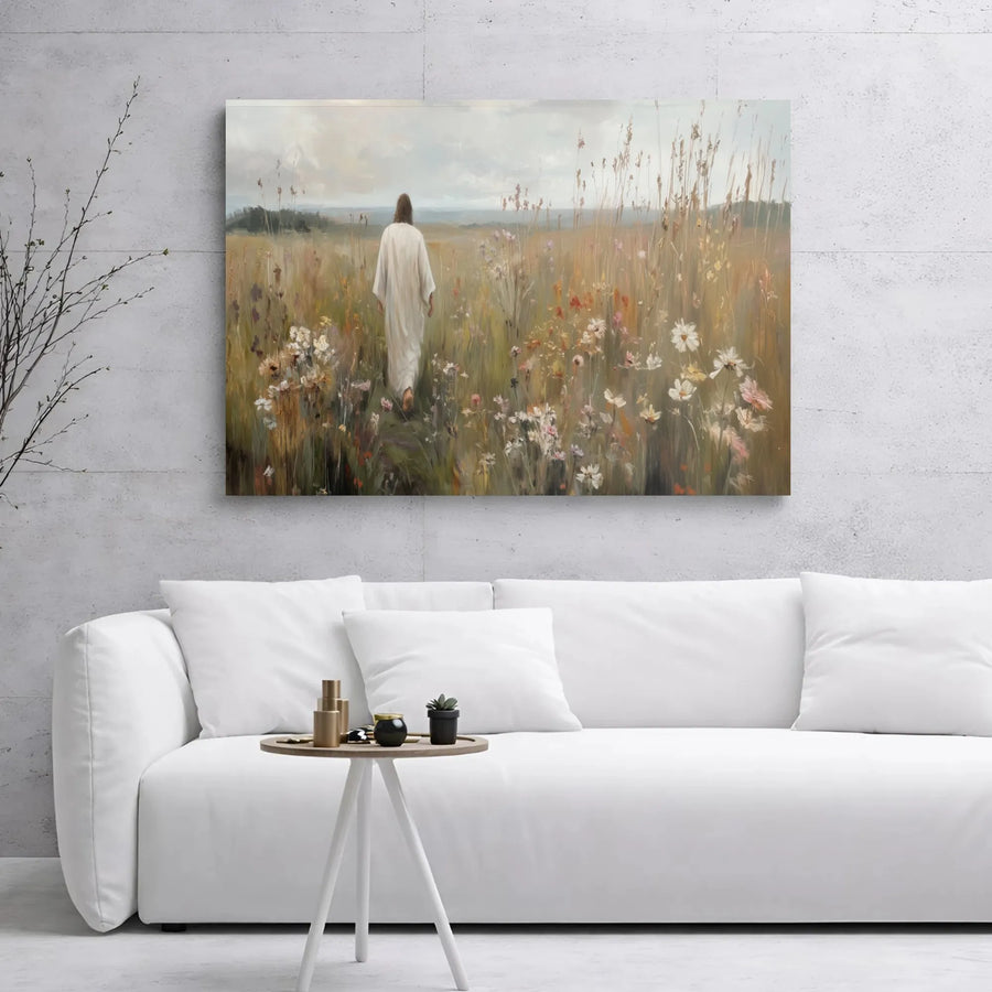 Jesus Walking In Wildflowers Canvas Print | Impressionist Meadow Landscape Wall Art | Gallery Wrapped Premium Decor | Christian Faith Home Gift