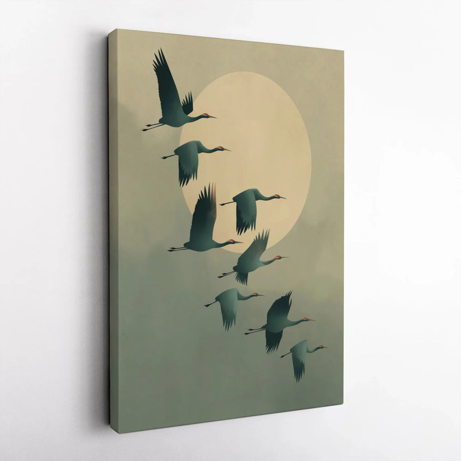 Cranes Flying Toward Sun Canvas Wall Art | Minimalist Bird Flock Illustration | Premium Gallery Wrap Decor | Nature Lover Gift