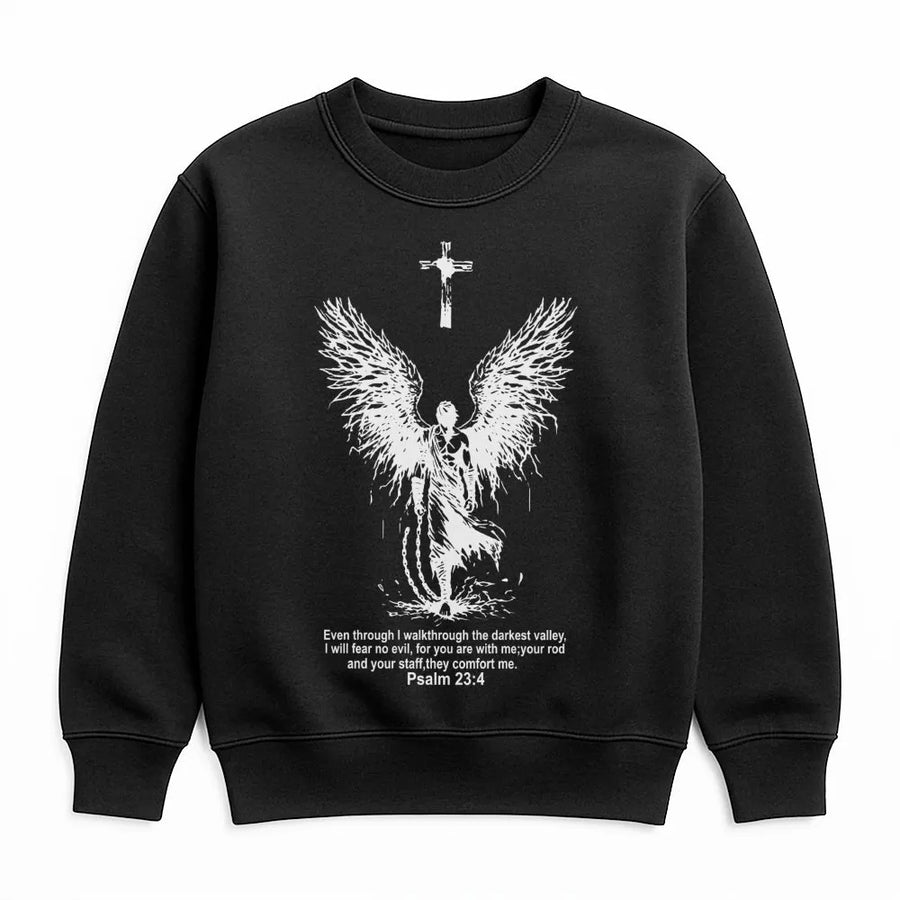Psalm 23:4 Christian Sweatshirt | Darkest Valley Angel Wings Graphic | Premium Cotton Blend | Faith-Based Religious Gift for Men and Women