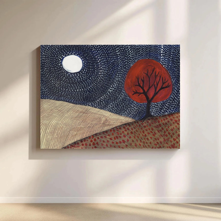 Red Tree and Moon Canvas Print | Folk Art Style Night Landscape | Premium Thick Gallery Canvas | Modern Home Decor Gift