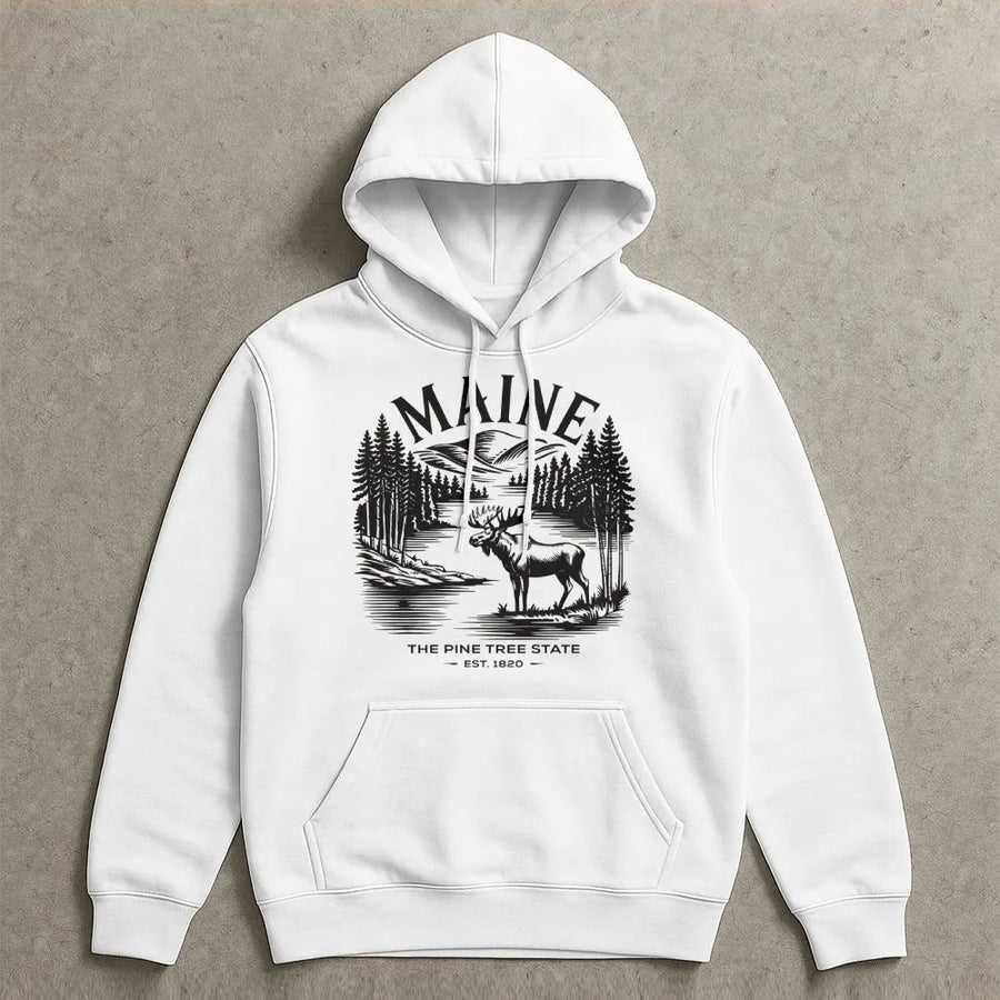 Maine Moose Hoodie | Vintage Pine Tree State Graphic Tee | Soft Cotton Unisex Shirt | USA Road Trip Souvenir Gift for Men & Women