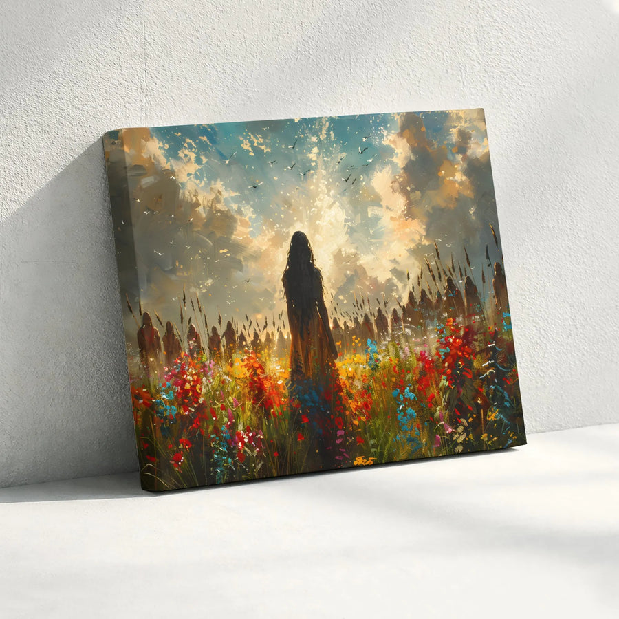 Woman in Wildflower Field Canvas Art | Vibrant Impressionist Landscape Painting | Gallery Quality 1.25" Canvas | Spiritual Home Decor Gift