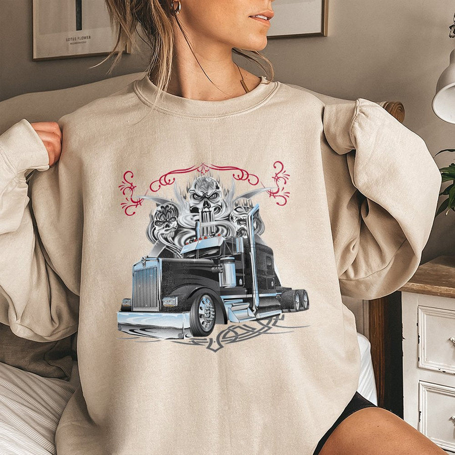 Semi Truck Skull Graphic Sweatshirt | Vintage Diesel Big Rig Design | Premium Unisex Pullover | Gift for Trucker Dad Truck Driver