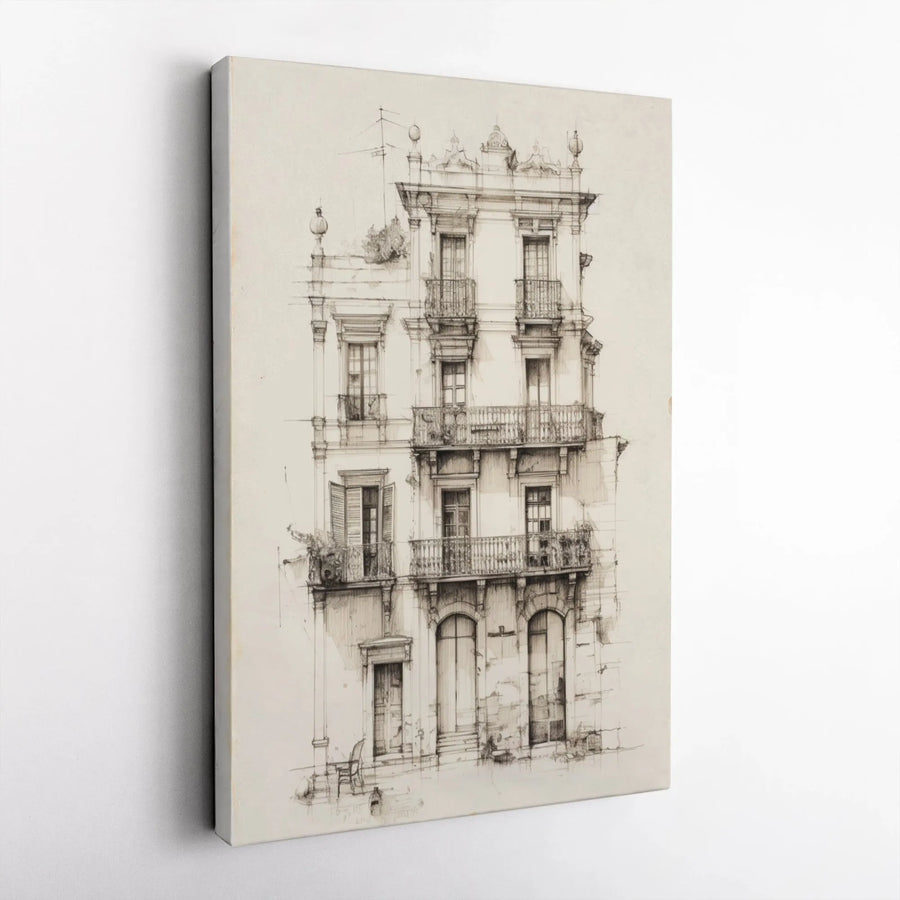 European Architectural Sketch Wall Art | Detailed City Building Drawing | Premium Gallery Wrapped Canvas | Minimalist Home Decor Gift