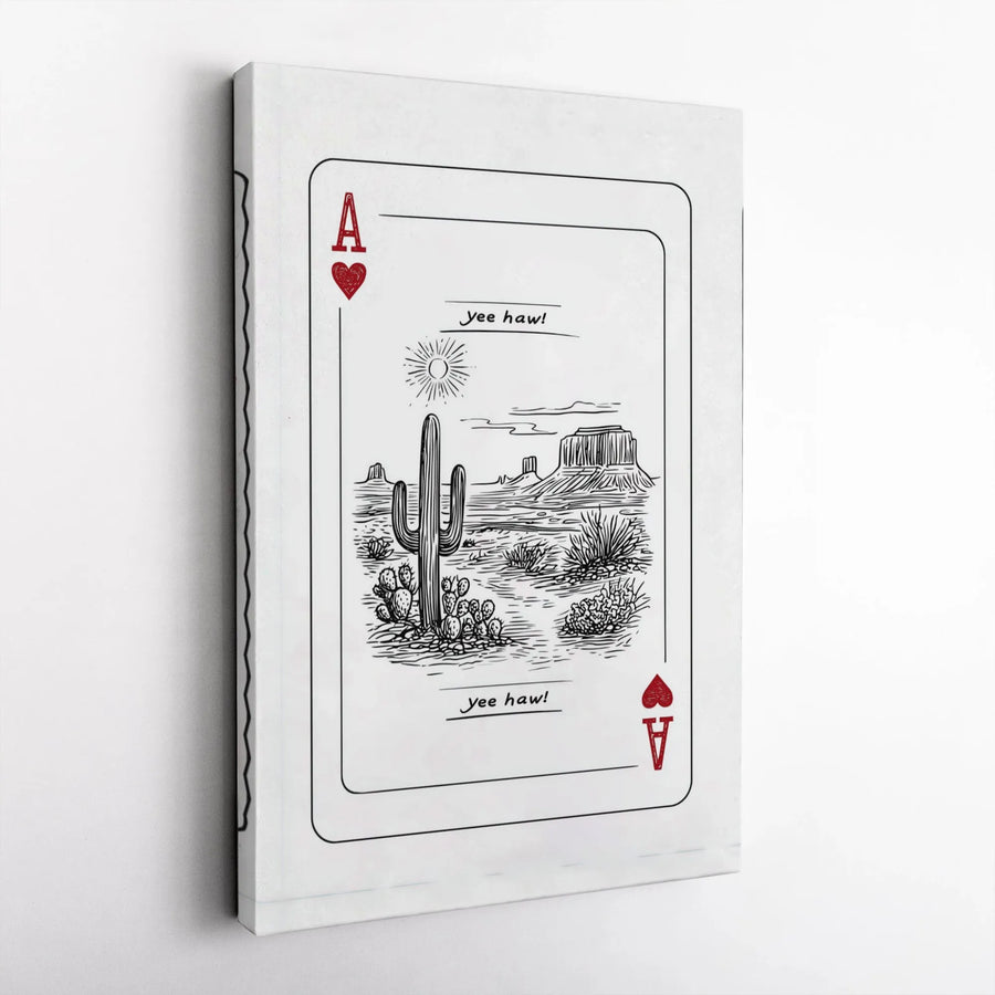 Ace of Hearts Playing Card Canvas | Desert Cactus Western Landscape Sketch | Premium Gallery Wrapped Art | Cowboy Home Decor Gift