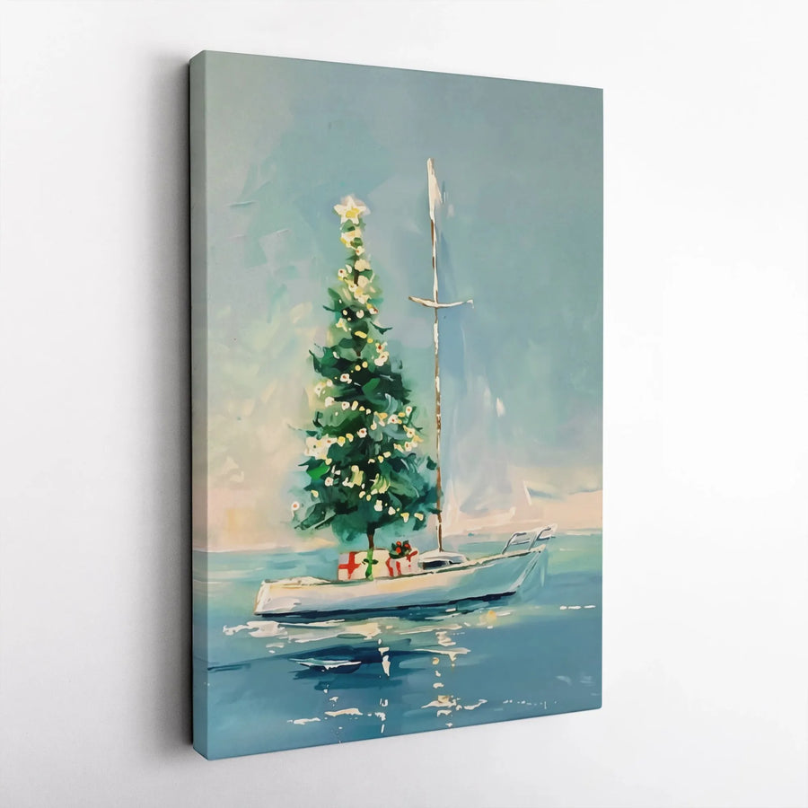 Christmas Tree on Sailboat Canvas Wall Art | Nautical Coastal Holiday Decor | Gallery Quality Premium Print | Coastal Christmas Gift for Sailors