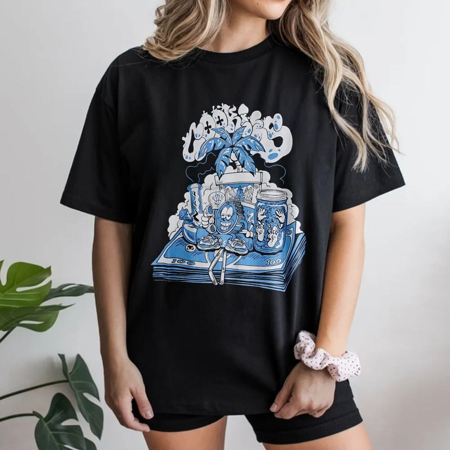 Streetwear Graphic T-Shirt | Cartoon Money Stacks and Palm Tree Design | Premium 100% Cotton | Urban Casual Style Gift for Men and Women