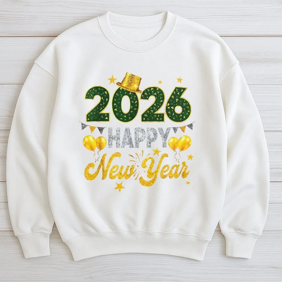 Happy New Year 2026 Sweatshirt | Gold Glitter Party Graphic Design | Cotton Blend Crewneck | Holiday Gift For Men And Women