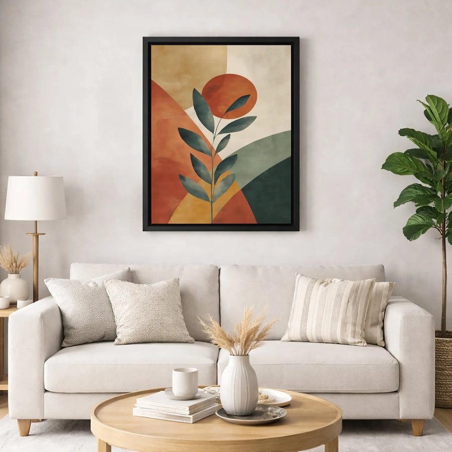 Mid Century Modern Abstract Wall Art | Botanical Plant Geometric Sun Canvas Print | Premium Fade-Resistant Gallery Wrap | Minimalist Home Decor Gift