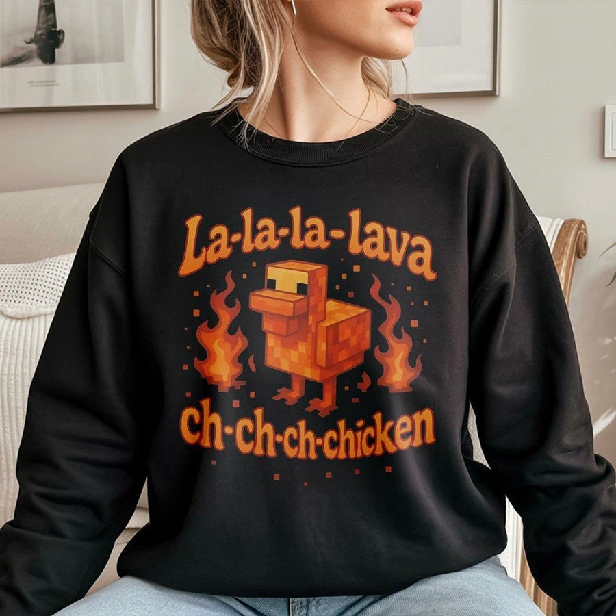 Lava Chicken Pixel Art Sweatshirt | Funny Blocky Animal Graphic | Premium Cotton Blend Crewneck | Gamer Gift for Kids and Adults