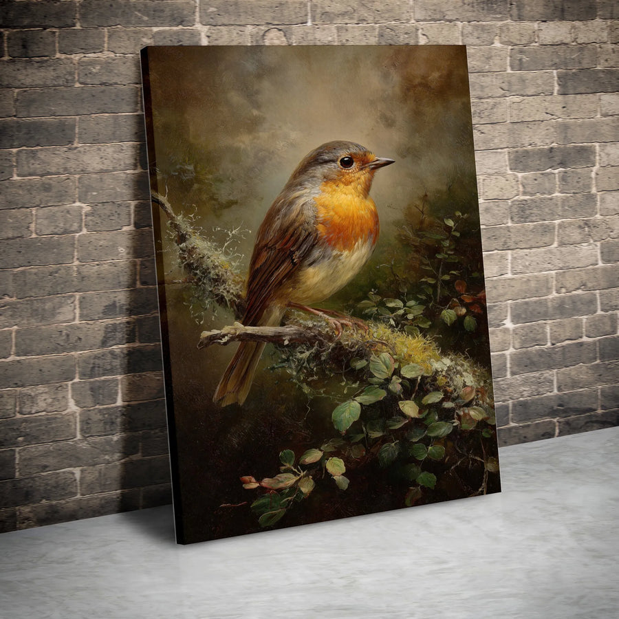 Vintage Robin Bird Canvas Wall Art | Classic Oil Painting Style Print | Premium Gallery Wrapped Canvas | Bird Watcher Gift & Farmhouse Decor