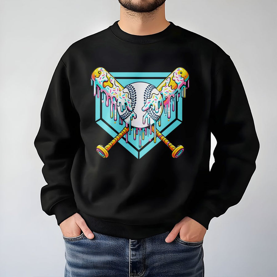 Baseball Drip Sweatshirt | Melting Ice Cream Sport Design | Premium Cotton Blend Unisex Pullover | Unique Baseball Fan Gift for Teens & Adults
