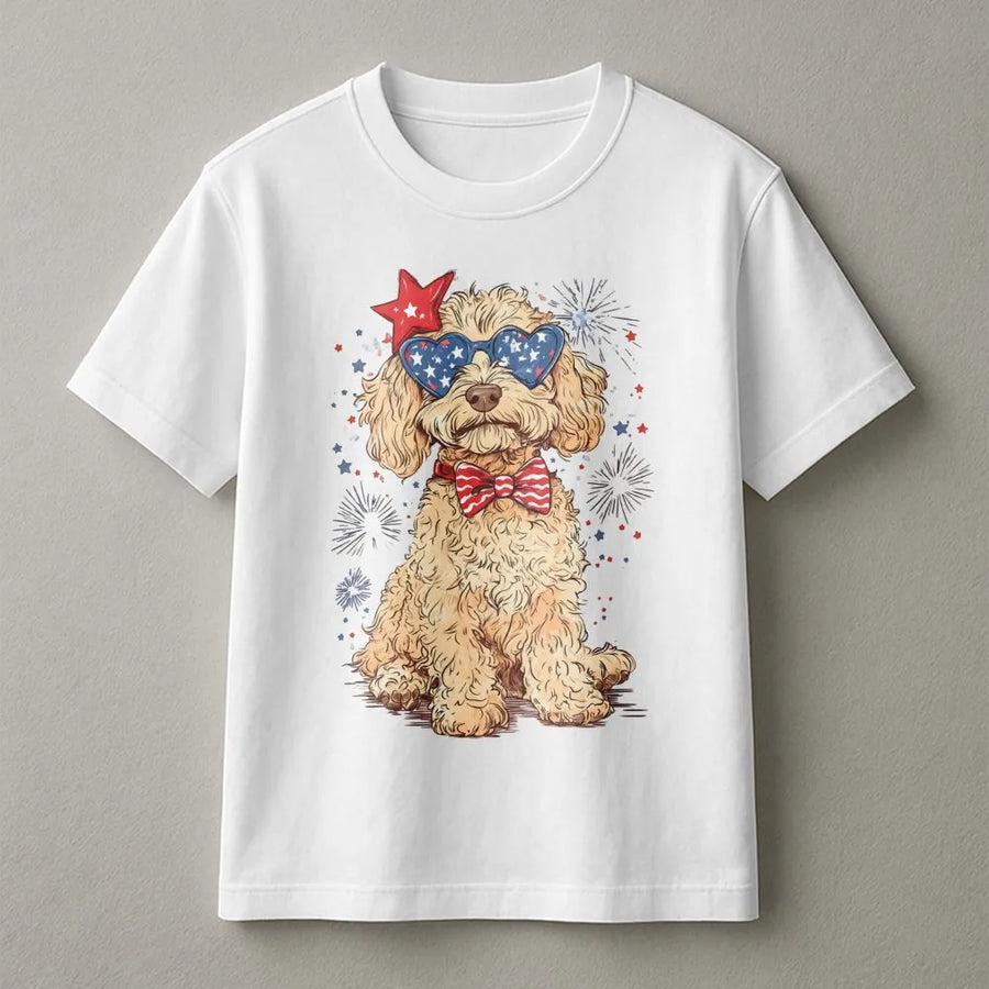 Goldendoodle T-Shirt | Patriotic Stars and Stripes Dog Lover Graphic | Premium Soft Cotton | 4th of July Independence Day Gift for Dog Mom Dad