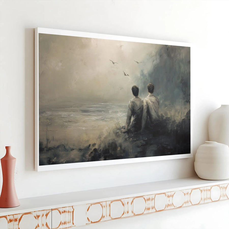 Two Men Sitting by the Sea Canvas Art | Moody Seascape Oil Painting Style | Premium 1.25-inch Gallery Wrap | Reflective Home Office Wall Decor