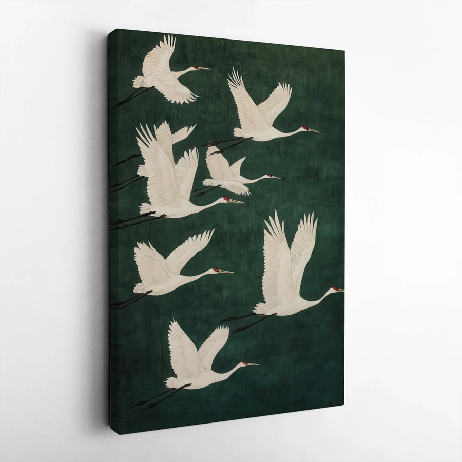 Japanese Crane Wall Art | Flying White Bird Canvas Print | Premium Gallery Wrap Decor | Nature Inspired Zen Home Office Gift