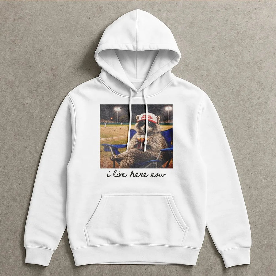 Funny Raccoon Baseball Mom Hoodie | I Live Here Now Vintage Ballpark Graphic | Premium Cotton Blend | Gift for Softball Mama