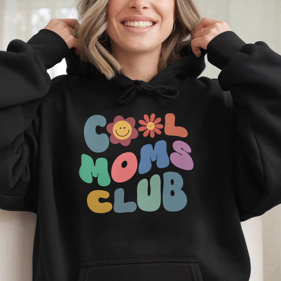 Cool Moms Club Hoodie | Retro Groovy Smiley Face Graphic | Premium Cotton Blend | Funny Mother's Day 2026 Gift for New Mom or Wife
