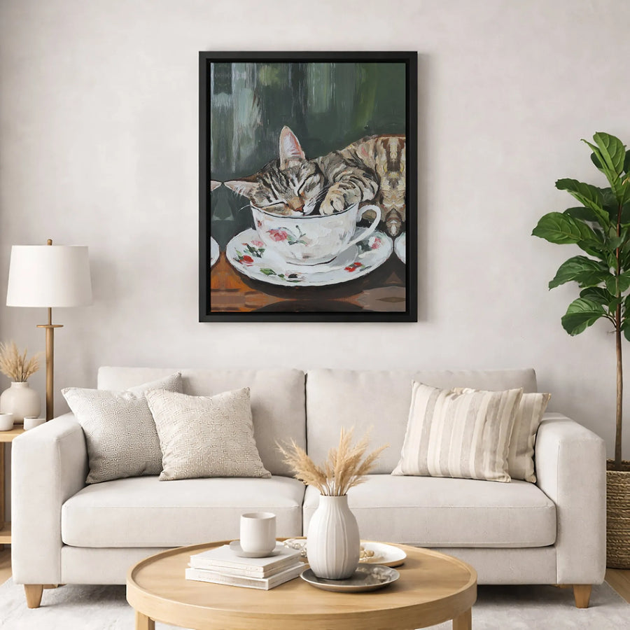 Sleeping Tabby Cat Wall Art | Floral Teacup Oil Painting Style | Premium 1.25-Inch Gallery Canvas | Cute Animal Home Decor Gift